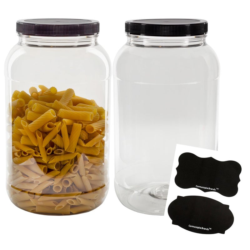 Cornucopia Brands Gallon Plastic Jars (2-Pack); Clear Round Containers w/Black Ribbed Lids, BPA-Free 4-Quart Large Size - Image 1